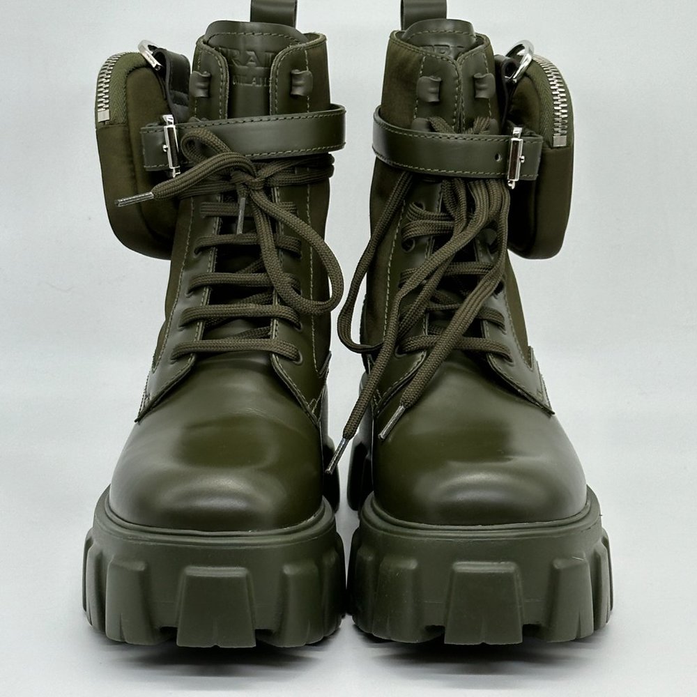 PRADA Monolith Leather Nylon Lug Sole Combat Hiking Boots Zip Pouch - Picture 3 of 15